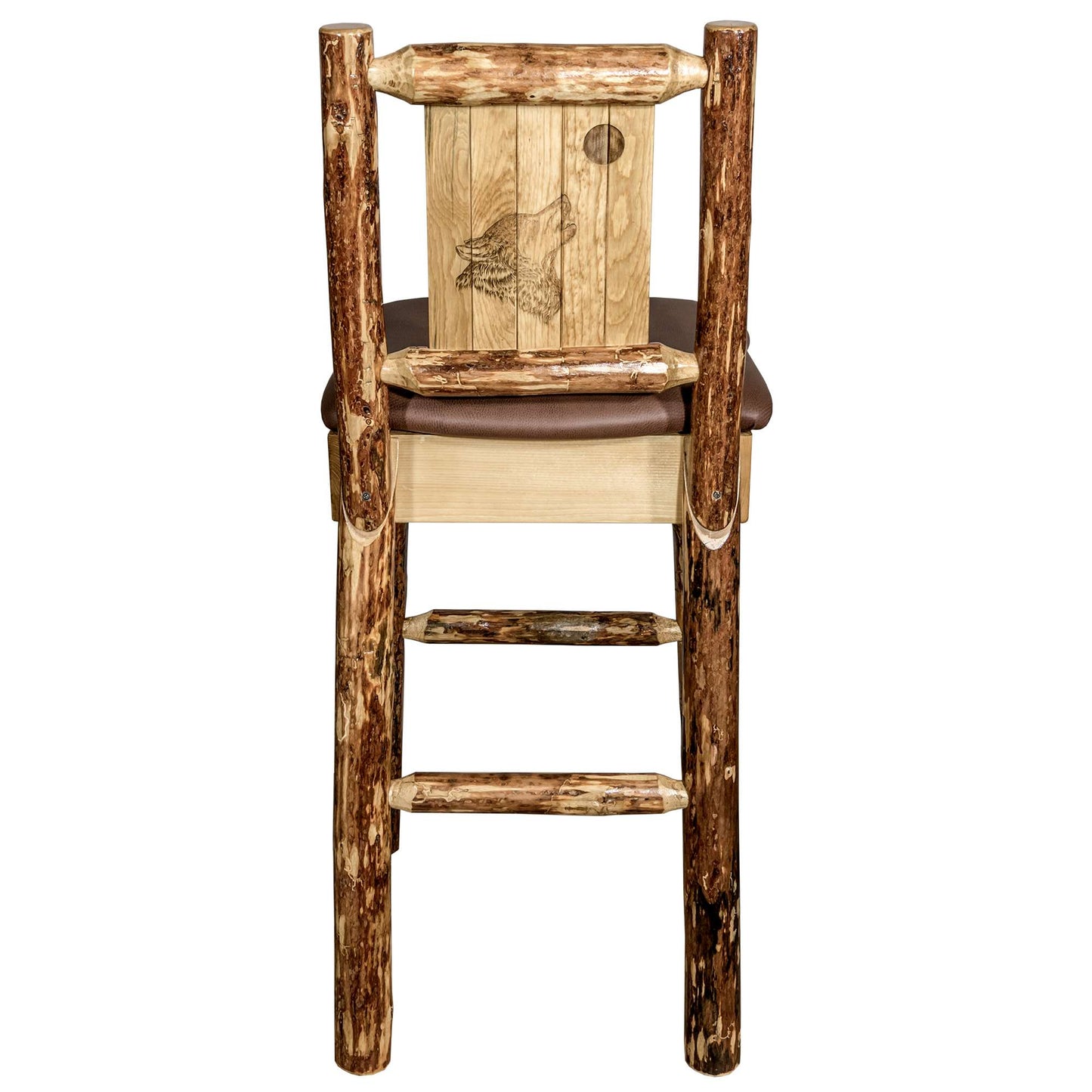 Montana Glacier Country Collection Counter Height Barstool w/ Back - Saddle Upholstery/ w/ Laser Engraved Design