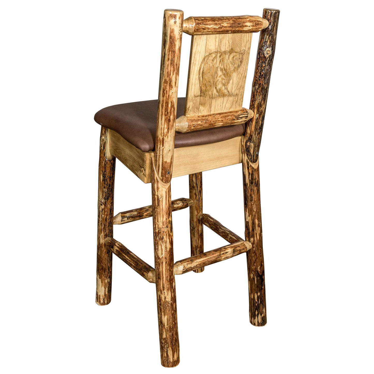 Montana Glacier Country Collection Counter Height Barstool w/ Back - Saddle Upholstery/ w/ Laser Engraved Design