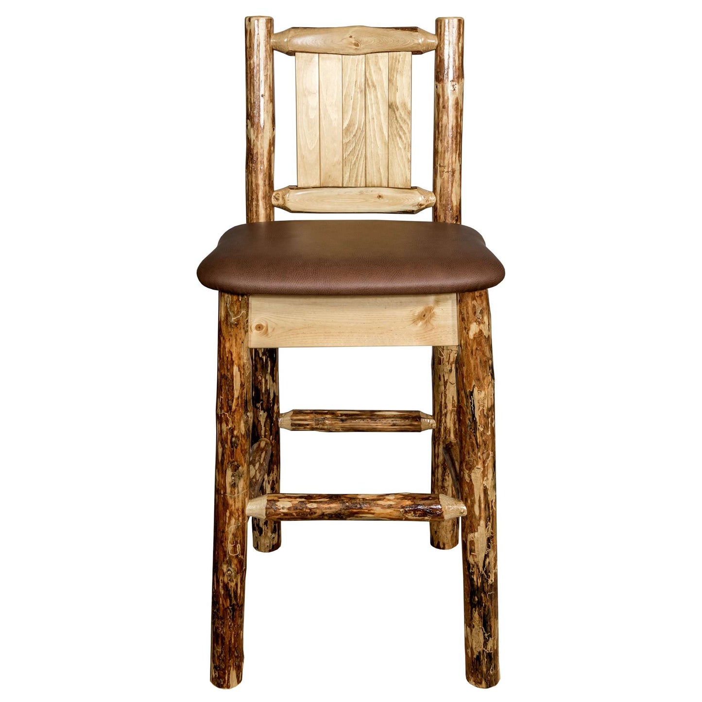 Montana Glacier Country Collection Counter Height Barstool w/ Back - Saddle Upholstery/ w/ Laser Engraved Design