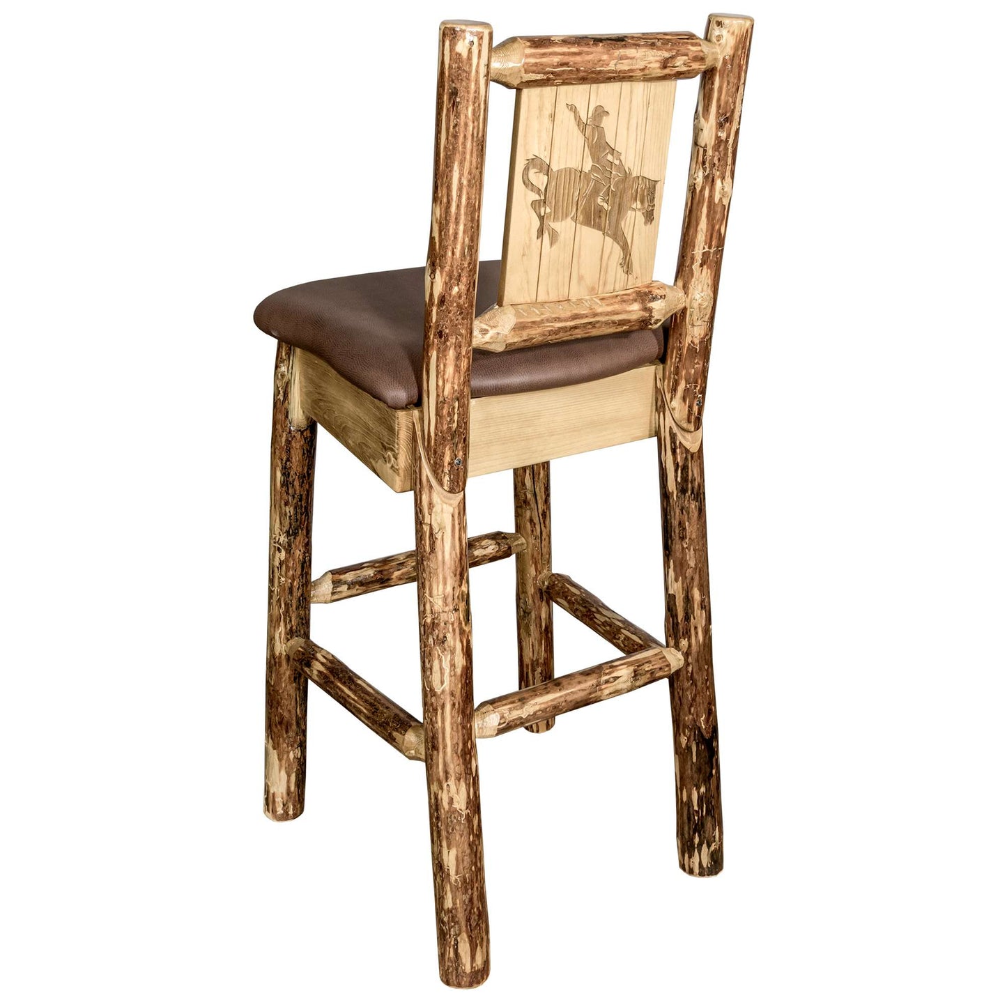 Montana Glacier Country Collection Counter Height Barstool w/ Back - Saddle Upholstery/ w/ Laser Engraved Design