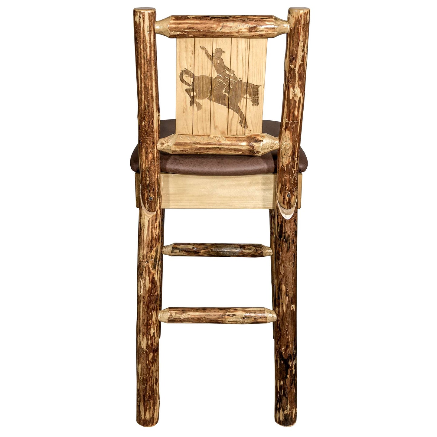 Montana Glacier Country Collection Counter Height Barstool w/ Back - Saddle Upholstery/ w/ Laser Engraved Design