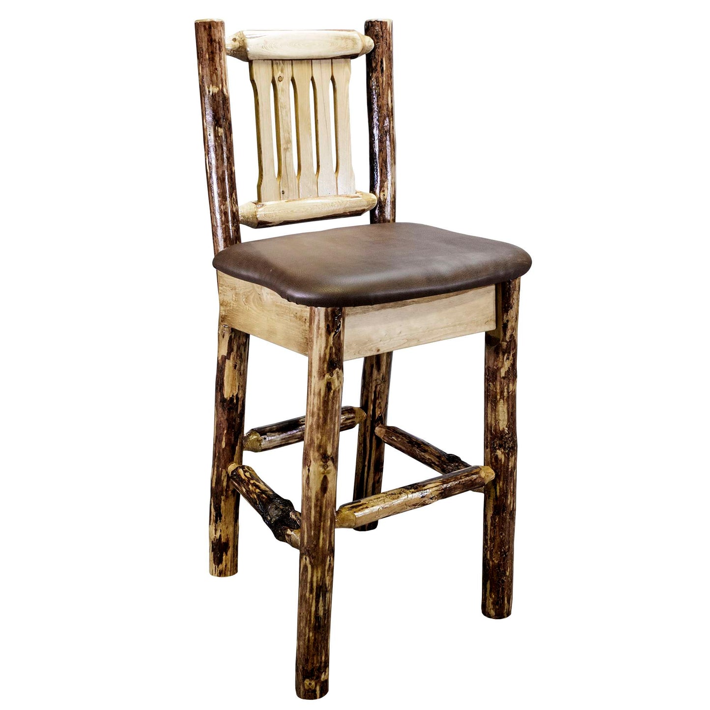 Montana Glacier Country Collection Counter Height Barstool w/ Back - Saddle Upholstery/ w/ Laser Engraved Design