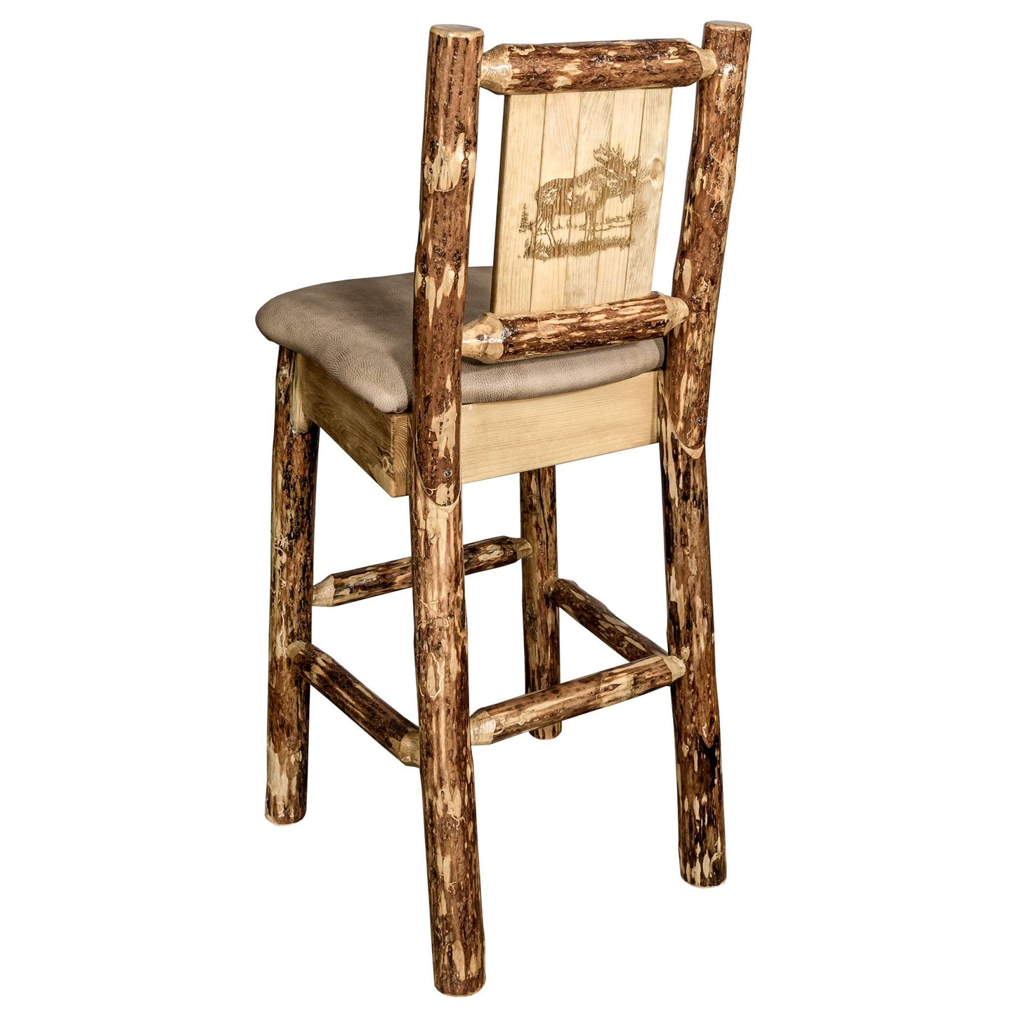 Montana Glacier Country Collection Counter Height Backless Barstool/ w/ Back/ - Buckskin Upholstery/ w/ Laser Engraved Design