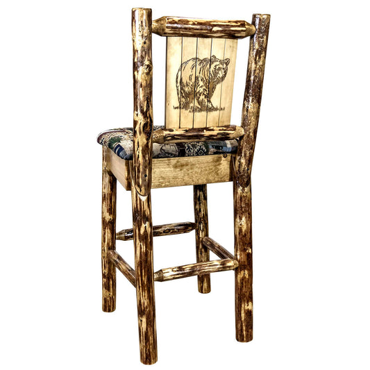 Montana Woodworks Glacier Country Collection Barstool w/ Back - Woodland Upholstery, w/ Laser Design