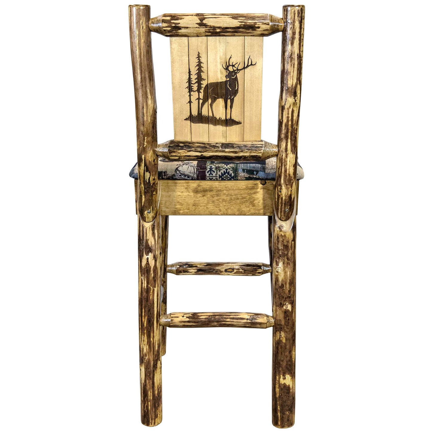 Montana Woodworks Glacier Country Collection Barstool w/ Back - Woodland Upholstery, w/ Laser Design