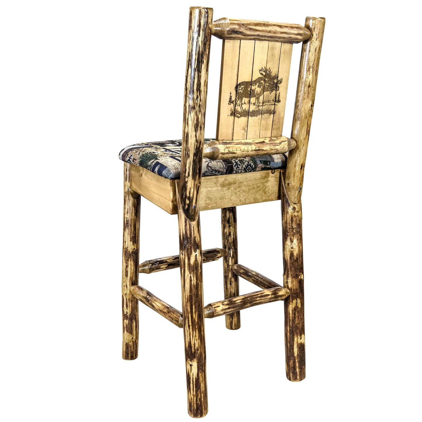 Montana Woodworks Glacier Country Collection Barstool w/ Back - Woodland Upholstery, w/ Laser Design