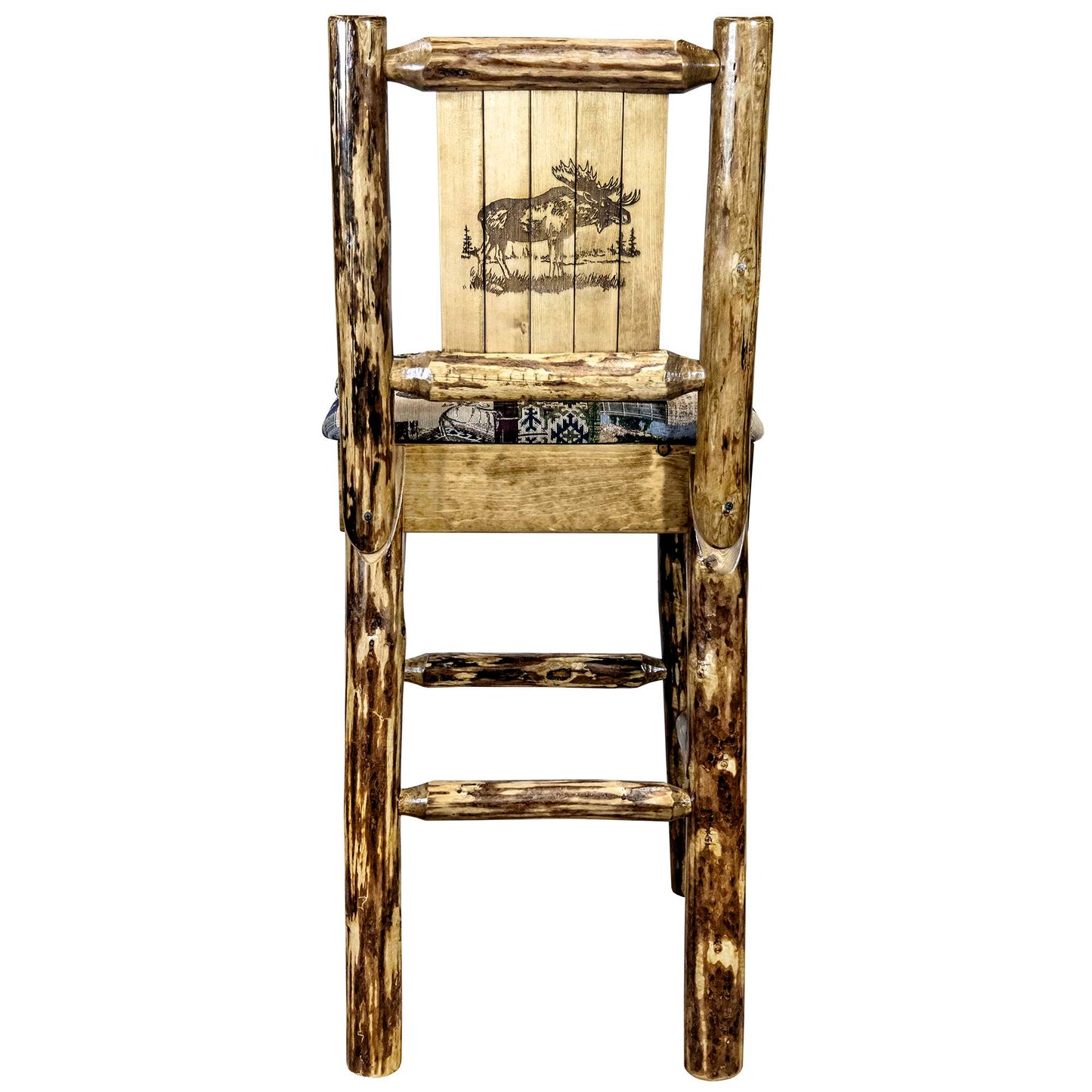 Montana Woodworks Glacier Country Collection Barstool w/ Back - Woodland Upholstery, w/ Laser Design