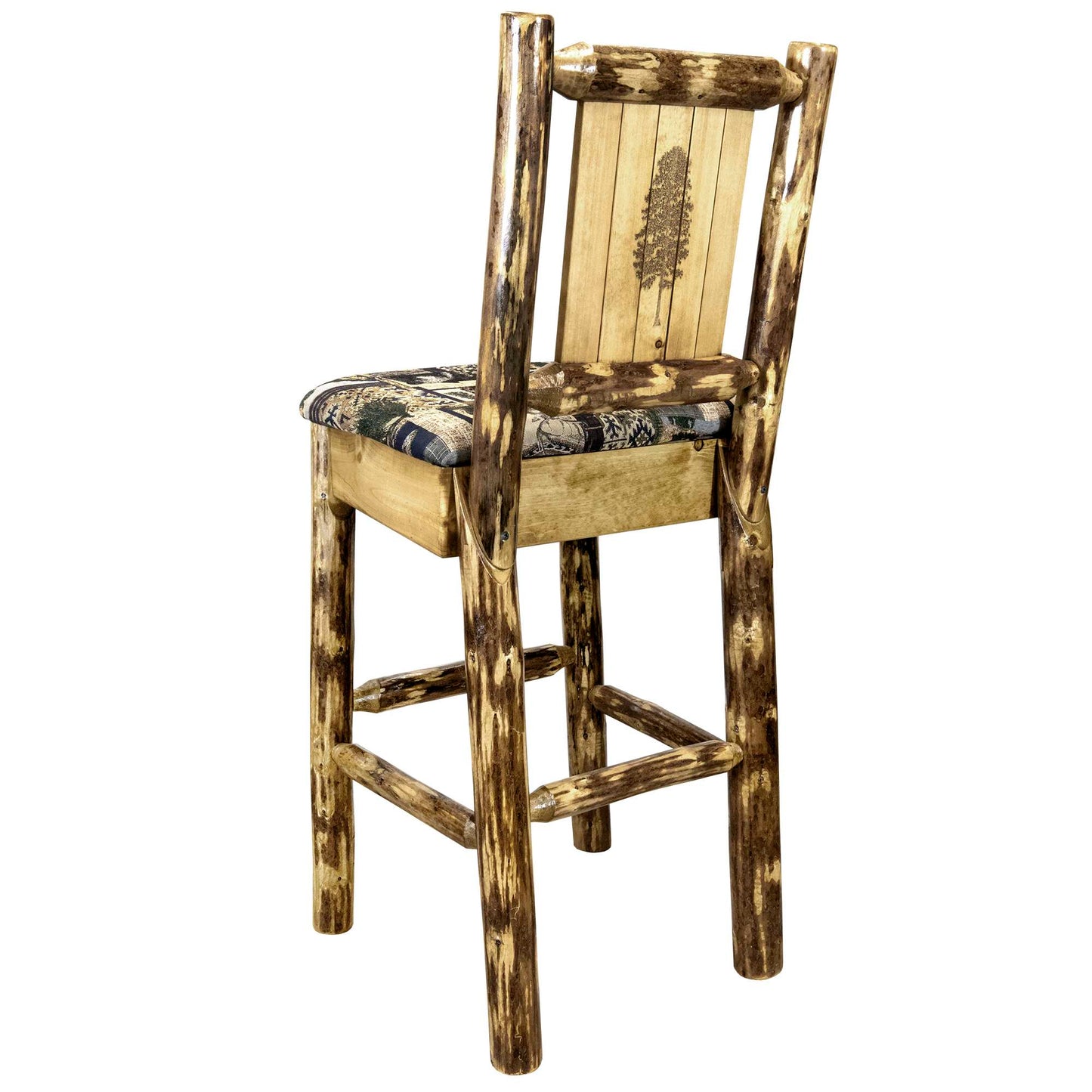 Montana Woodworks Glacier Country Collection Barstool w/ Back - Woodland Upholstery, w/ Laser Design