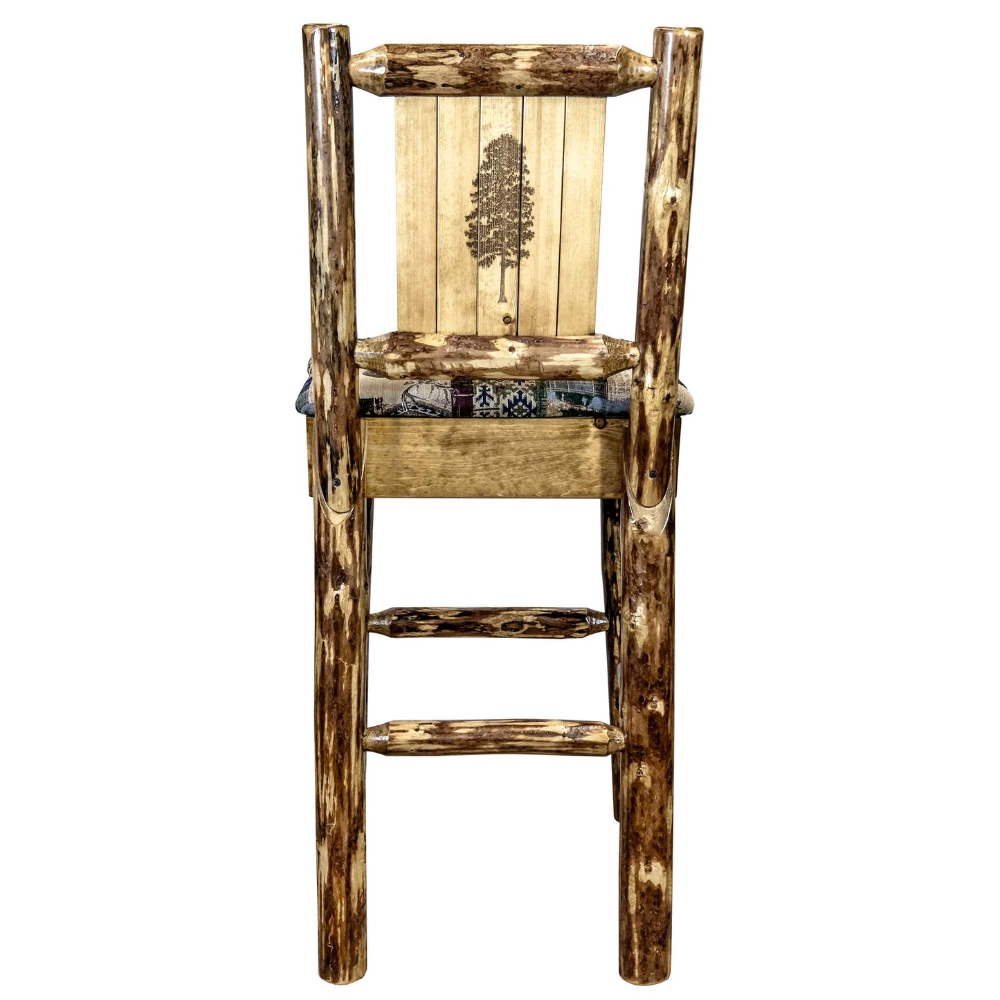 Montana Woodworks Glacier Country Collection Barstool w/ Back - Woodland Upholstery, w/ Laser Design