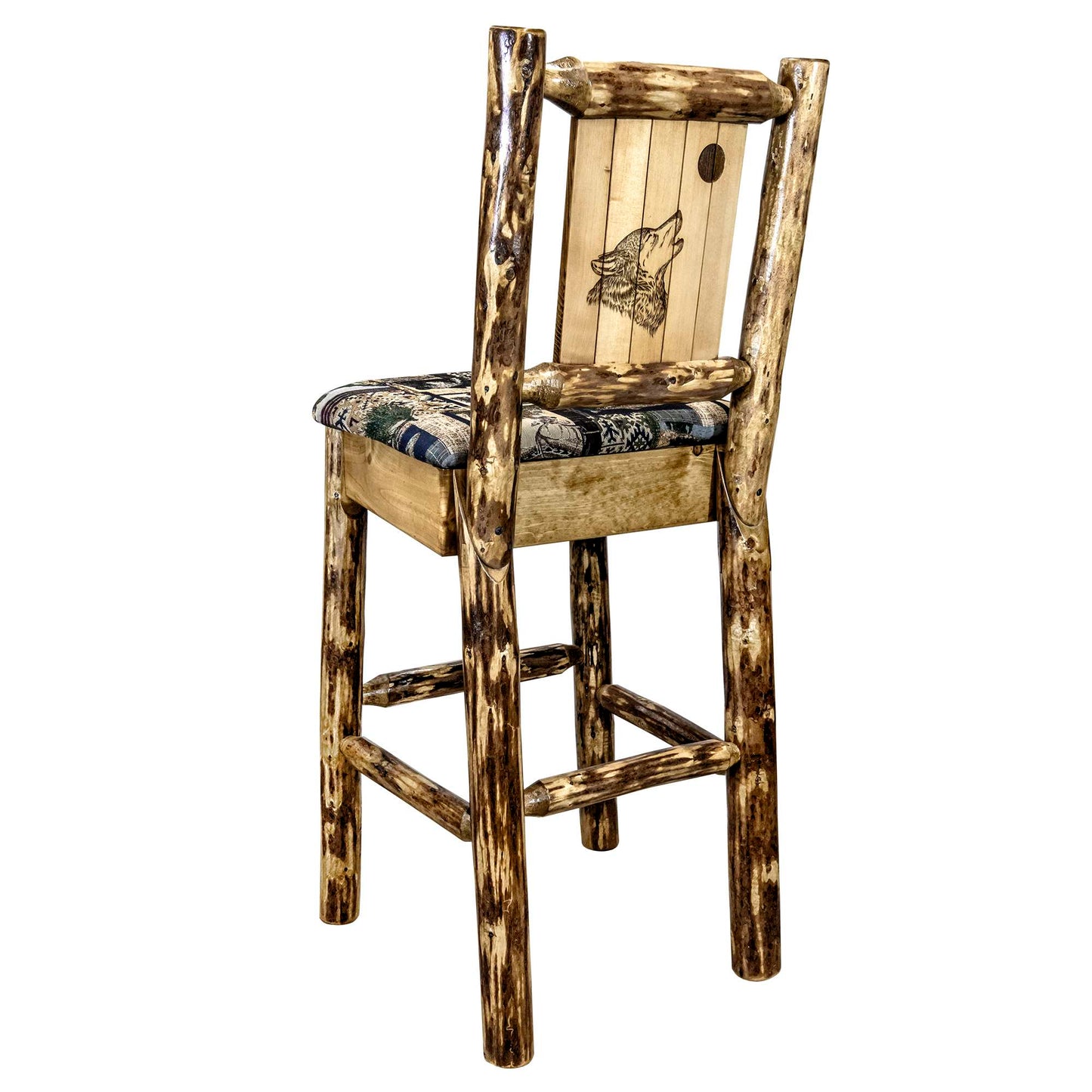 Montana Woodworks Glacier Country Collection Barstool w/ Back - Woodland Upholstery, w/ Laser Design