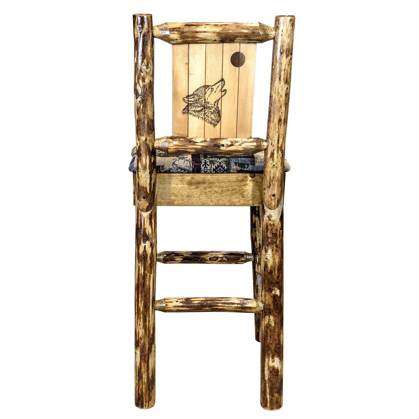 Montana Woodworks Glacier Country Collection Barstool w/ Back - Woodland Upholstery, w/ Laser Design