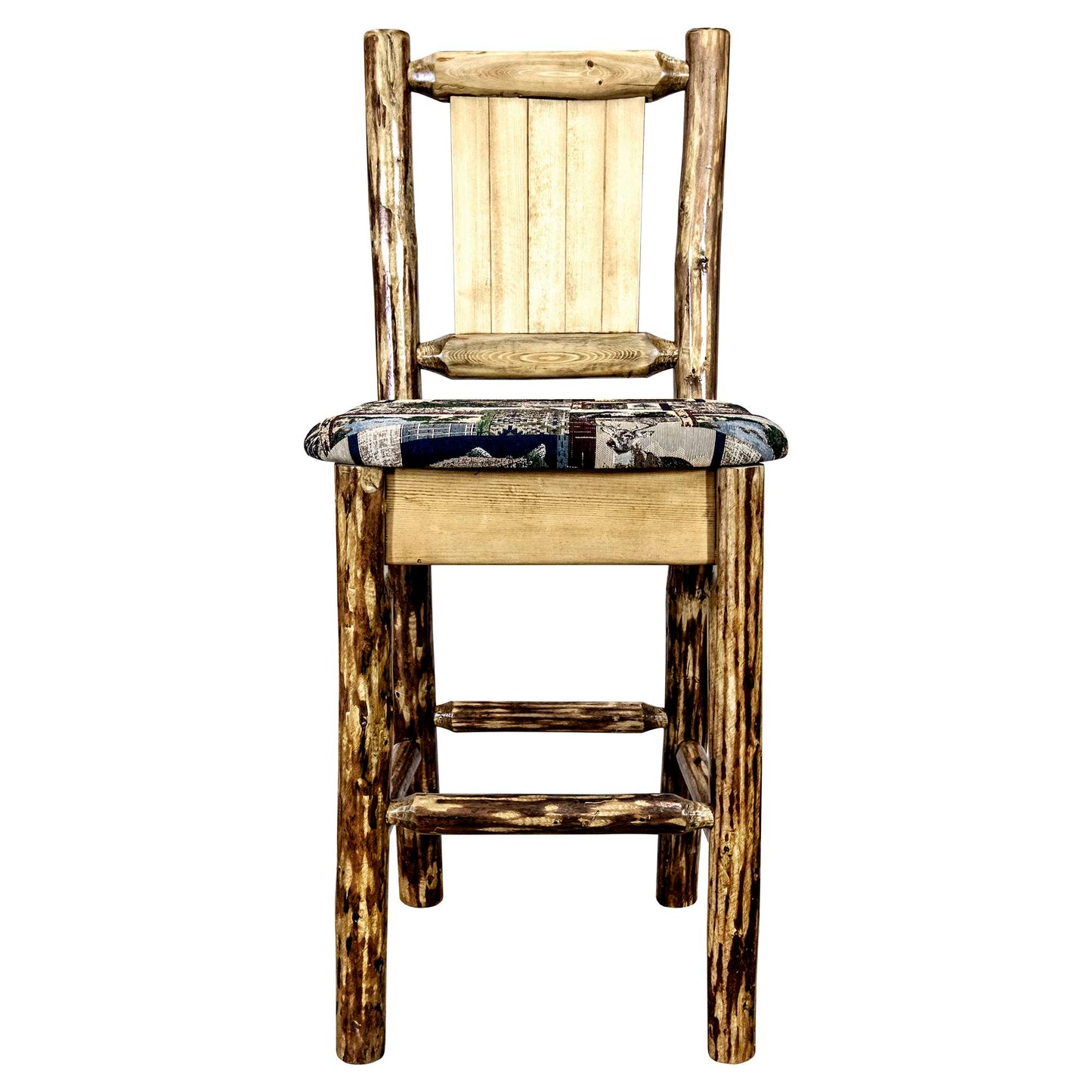 Montana Woodworks Glacier Country Collection Barstool w/ Back - Woodland Upholstery, w/ Laser Design