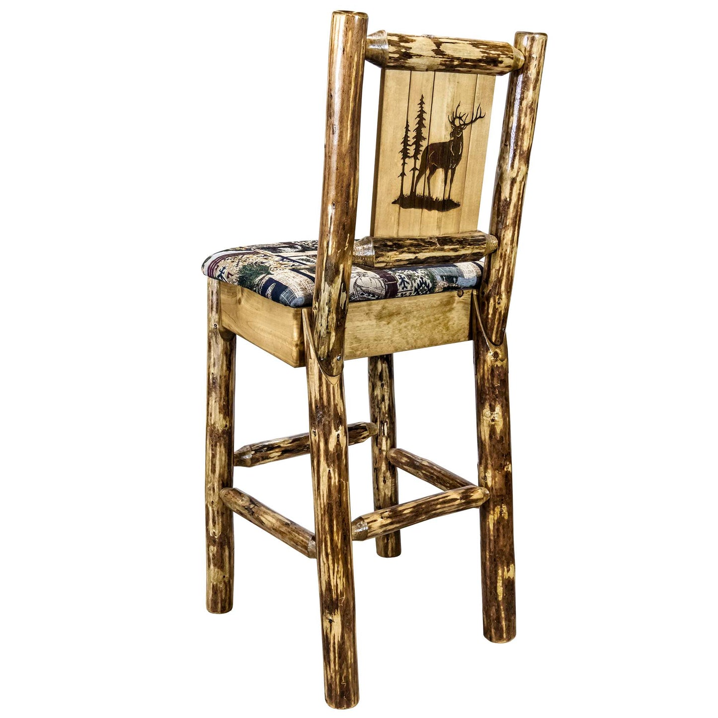 Montana Woodworks Glacier Country Collection Barstool w/ Back - Woodland Upholstery, w/ Laser Design