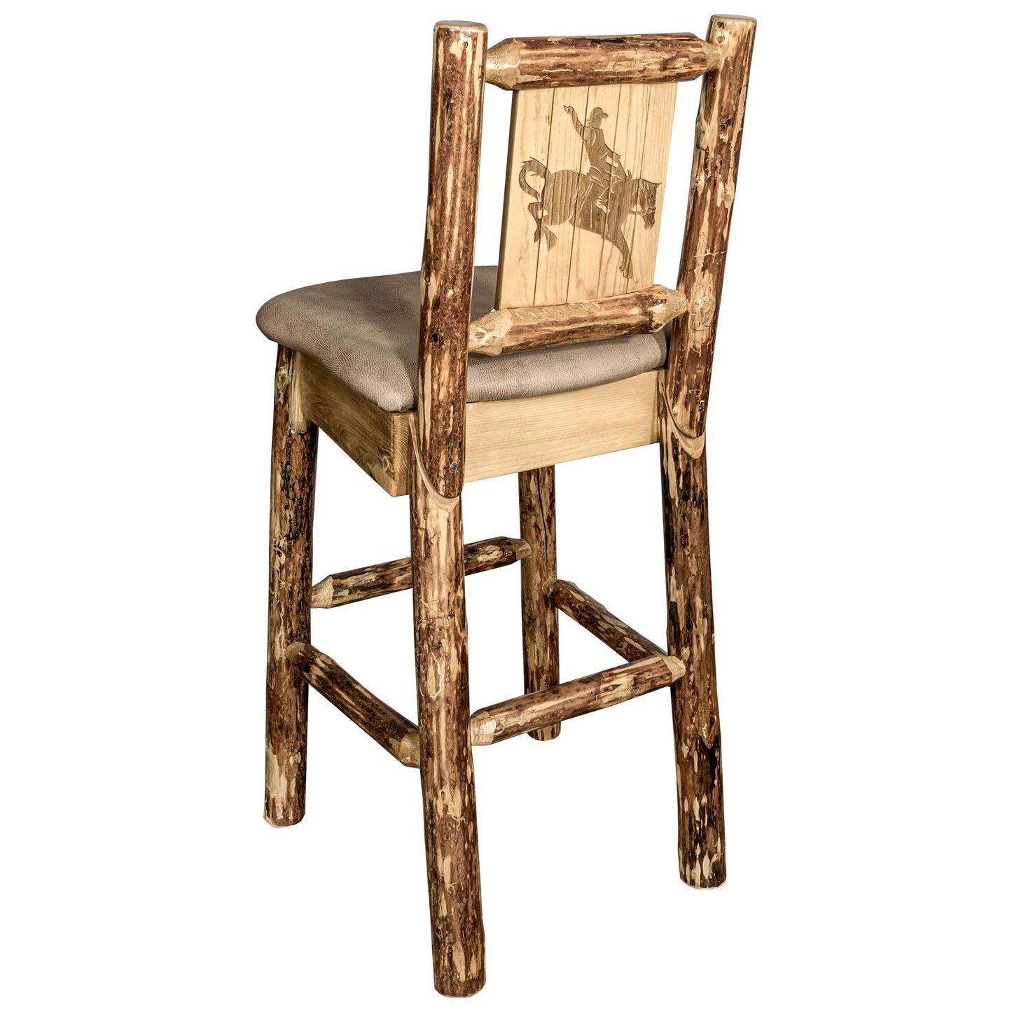 Montana Woodworks Glacier Country Collection Barstool w/ Back - Buckskin Upholstery, w/ Laser Engraved Design