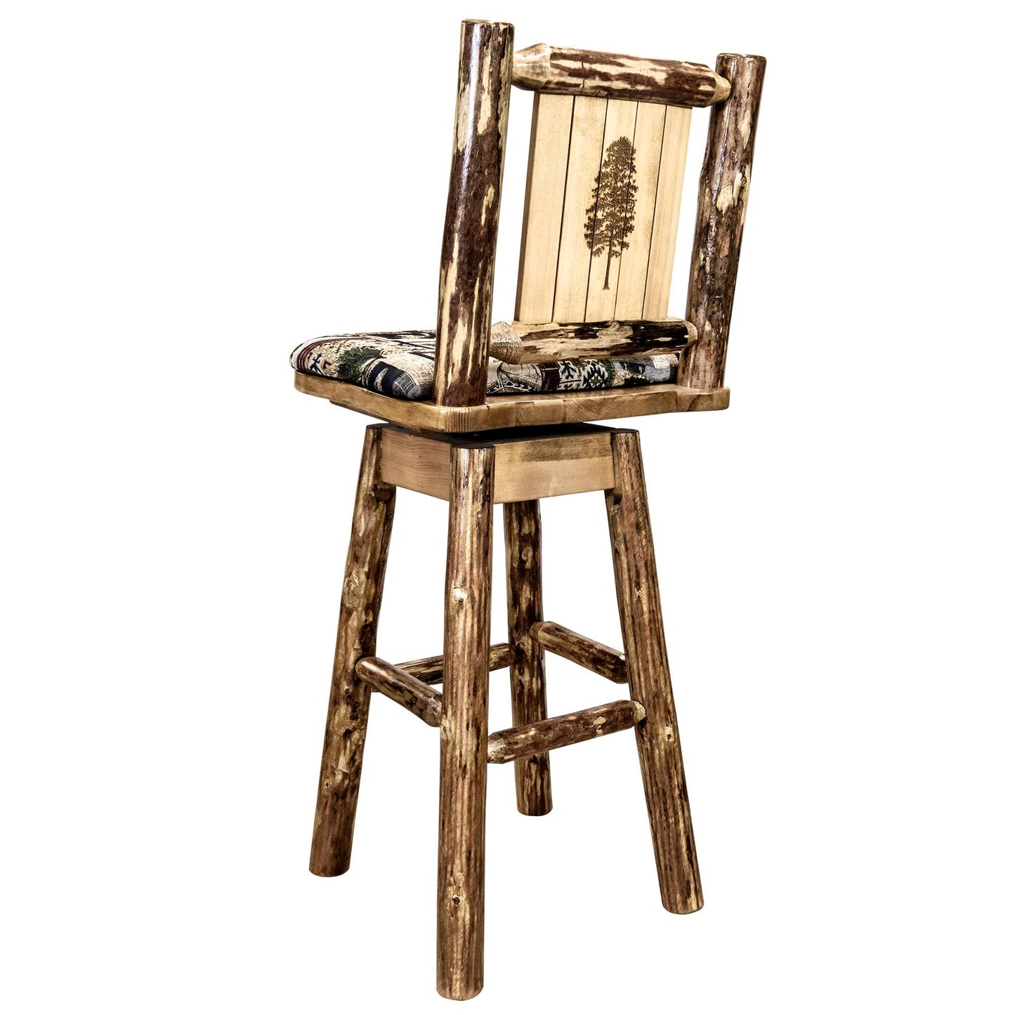 Montana Woodworks Glacier Country Collection Barstool w/ Back & Swivel, Woodland Pattern Upholstery w/ Laser Engraved Design