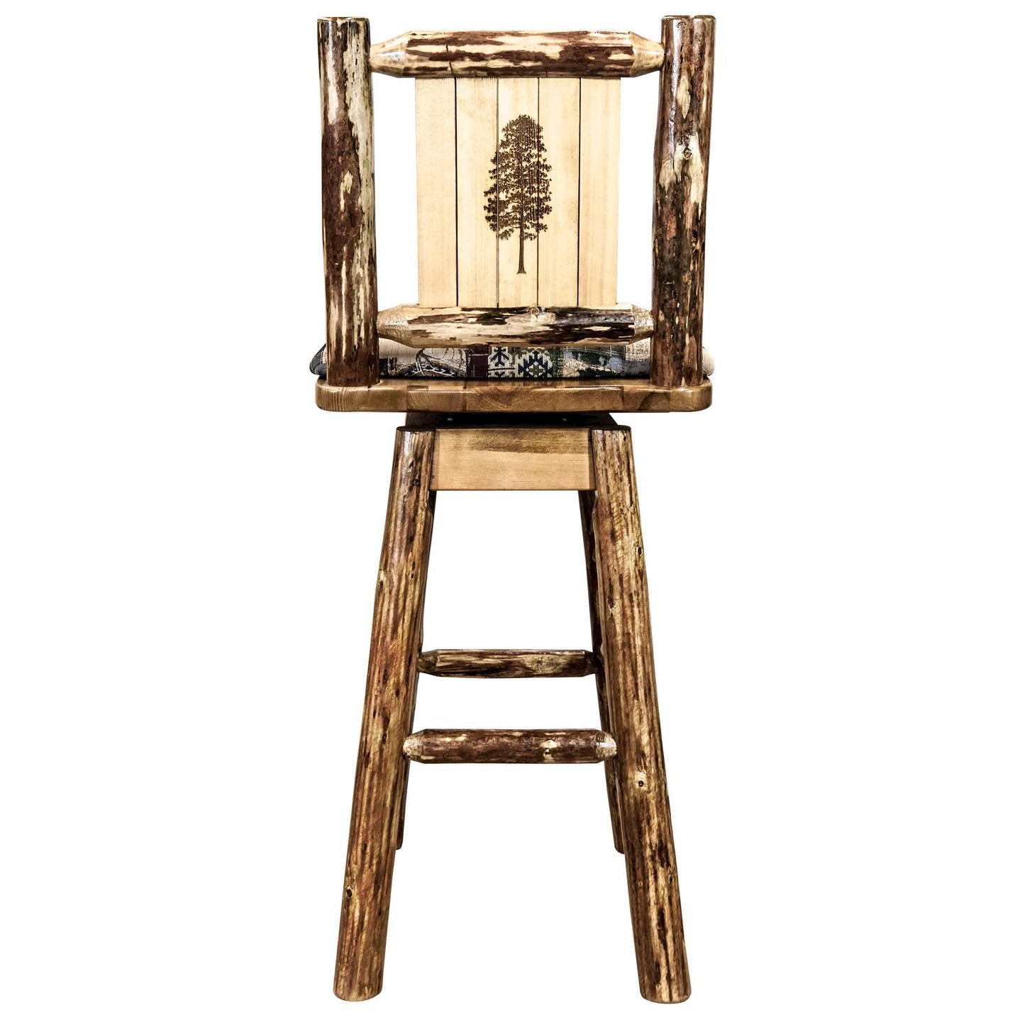 Montana Woodworks Glacier Country Collection Barstool w/ Back & Swivel, Woodland Pattern Upholstery w/ Laser Engraved Design