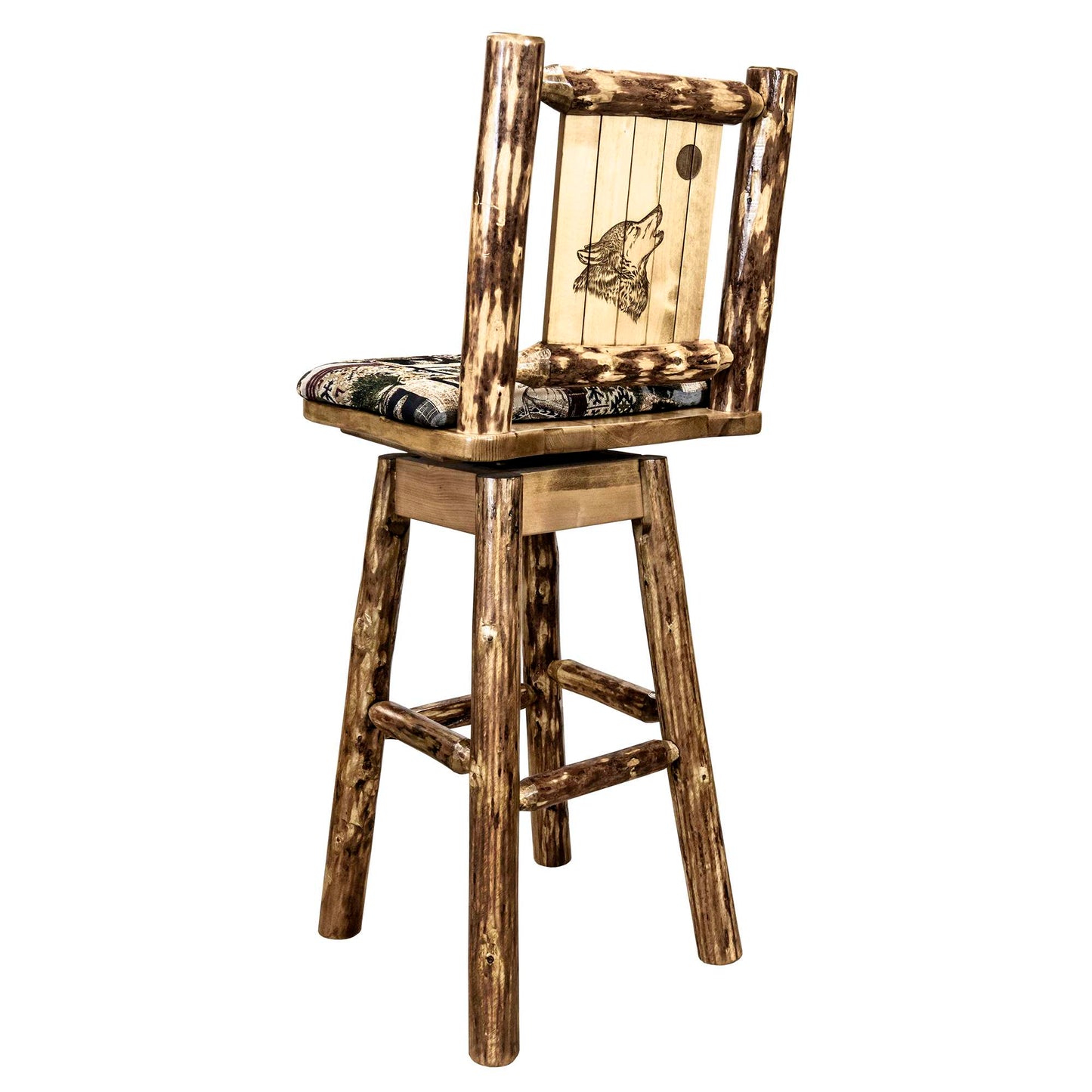 Montana Woodworks Glacier Country Collection Barstool w/ Back & Swivel, Woodland Pattern Upholstery w/ Laser Engraved Design