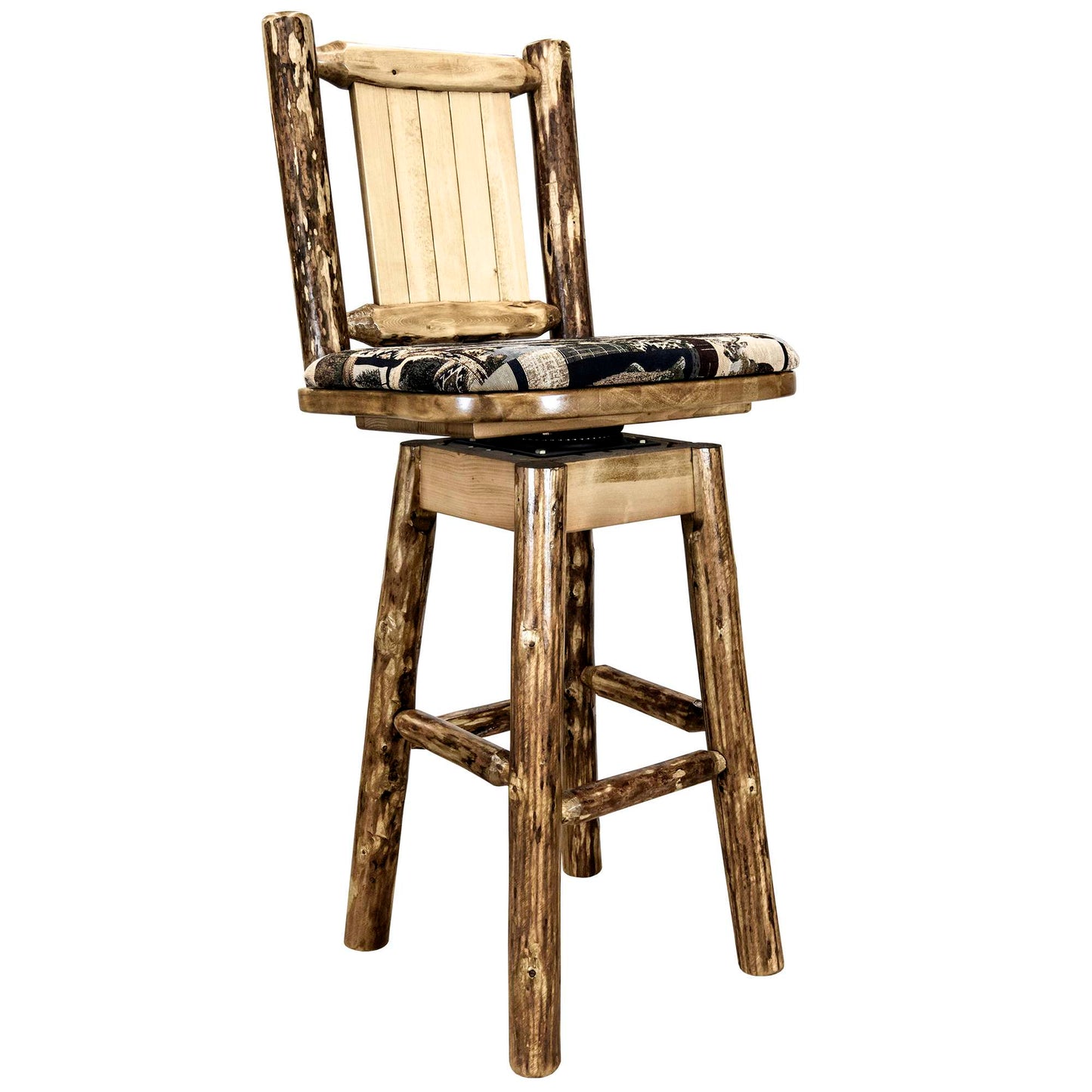 Montana Woodworks Glacier Country Collection Barstool w/ Back & Swivel, Woodland Pattern Upholstery w/ Laser Engraved Design