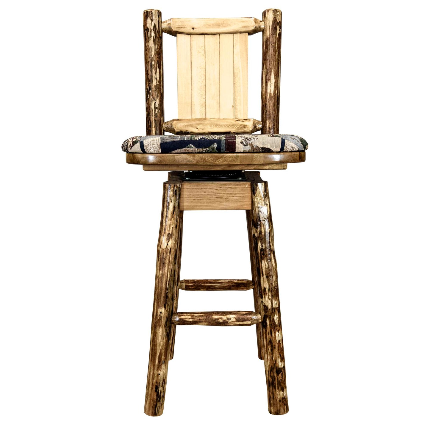 Montana Woodworks Glacier Country Collection Barstool w/ Back & Swivel, Woodland Pattern Upholstery w/ Laser Engraved Design