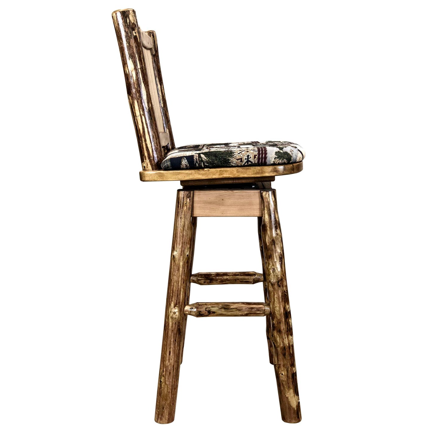 Montana Woodworks Glacier Country Collection Barstool w/ Back & Swivel, Woodland Pattern Upholstery w/ Laser Engraved Design