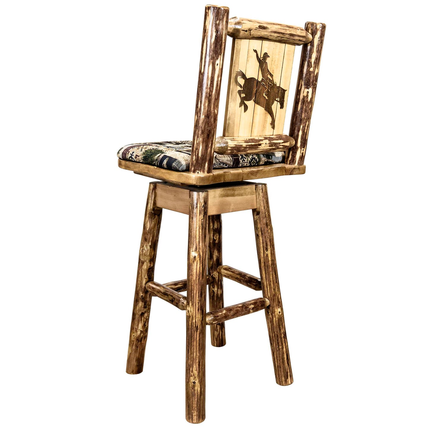 Montana Woodworks Glacier Country Collection Barstool w/ Back & Swivel, Woodland Pattern Upholstery w/ Laser Engraved Design