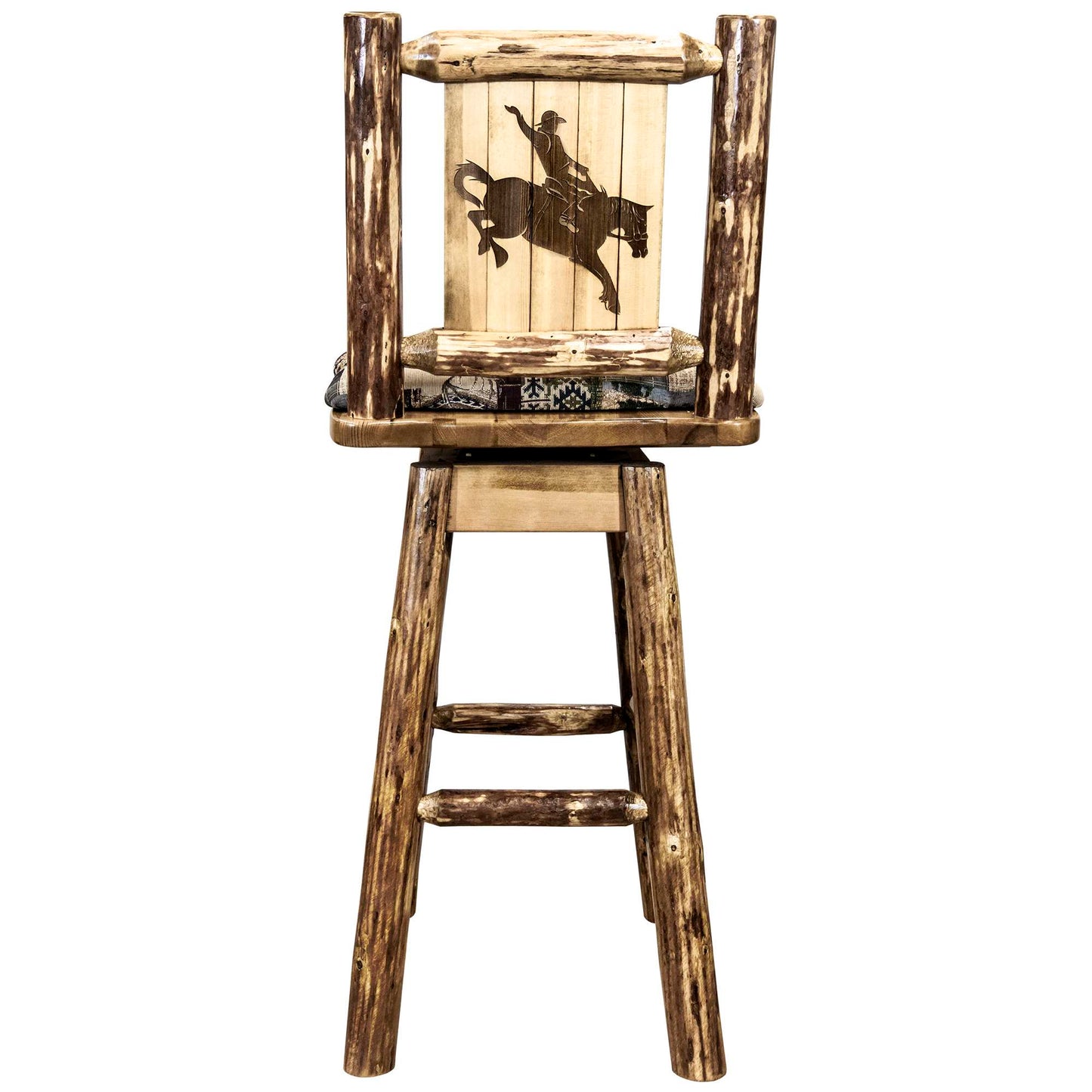 Montana Woodworks Glacier Country Collection Barstool w/ Back & Swivel, Woodland Pattern Upholstery w/ Laser Engraved Design