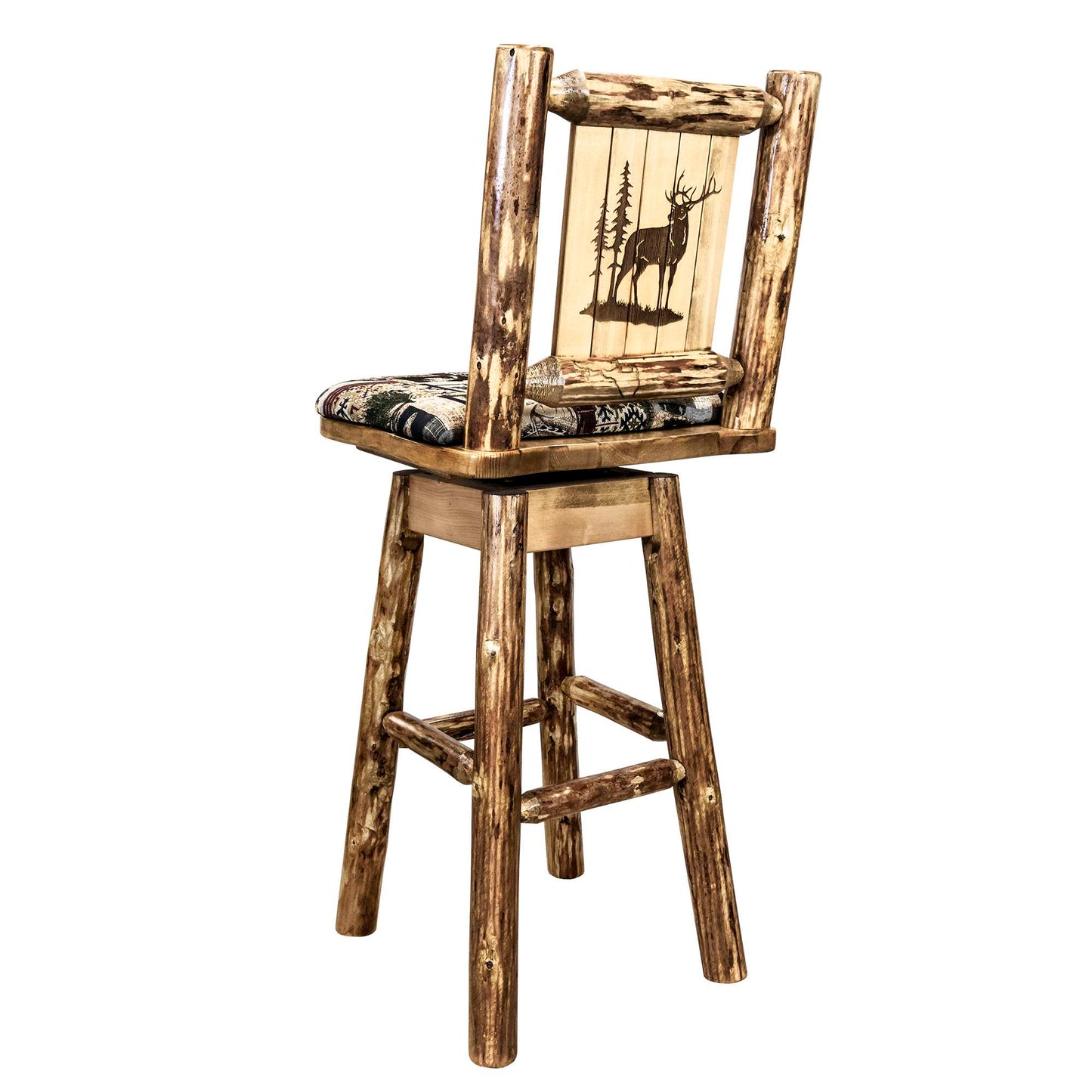 Montana Woodworks Glacier Country Collection Barstool w/ Back & Swivel, Woodland Pattern Upholstery w/ Laser Engraved Design