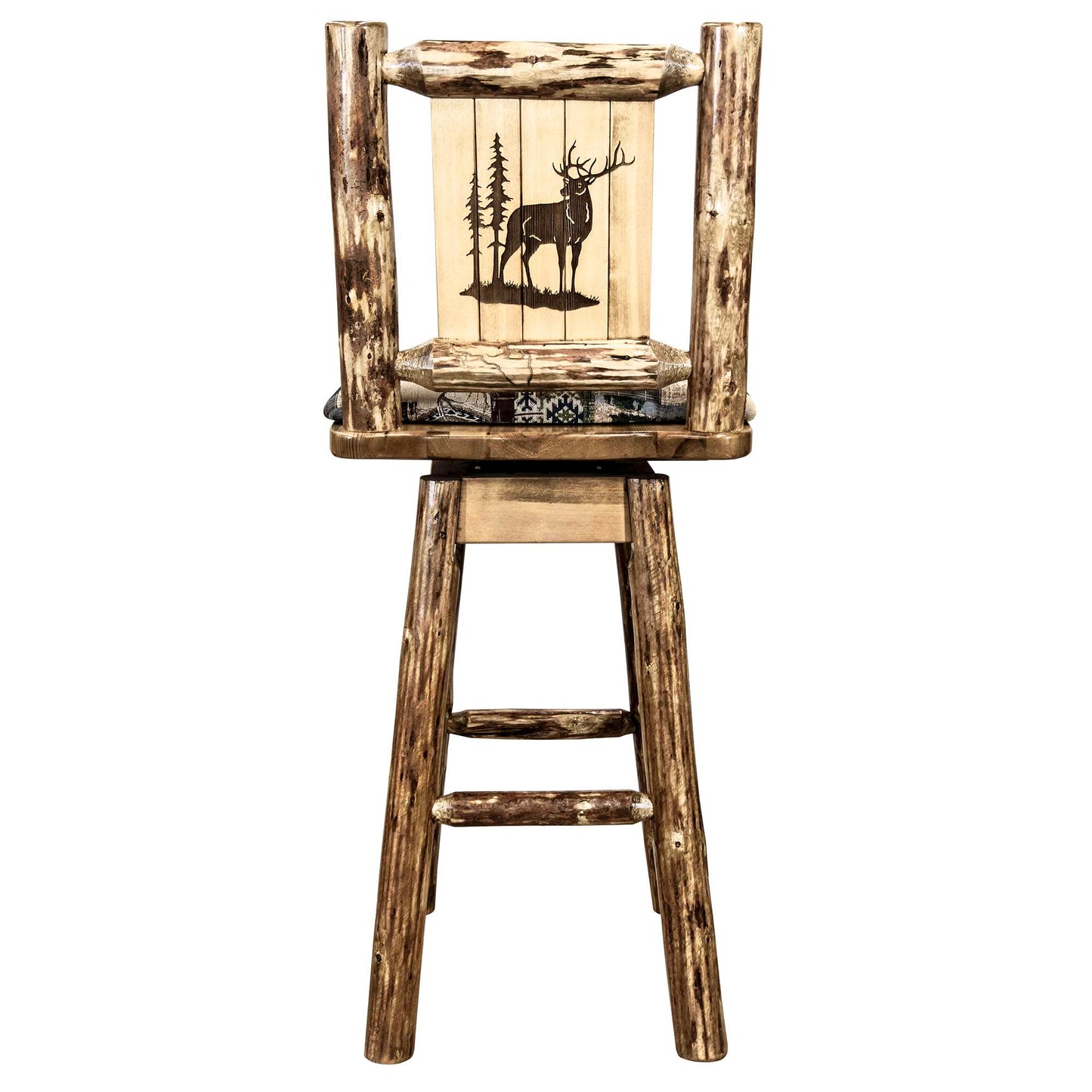 Montana Woodworks Glacier Country Collection Barstool w/ Back & Swivel, Woodland Pattern Upholstery w/ Laser Engraved Design