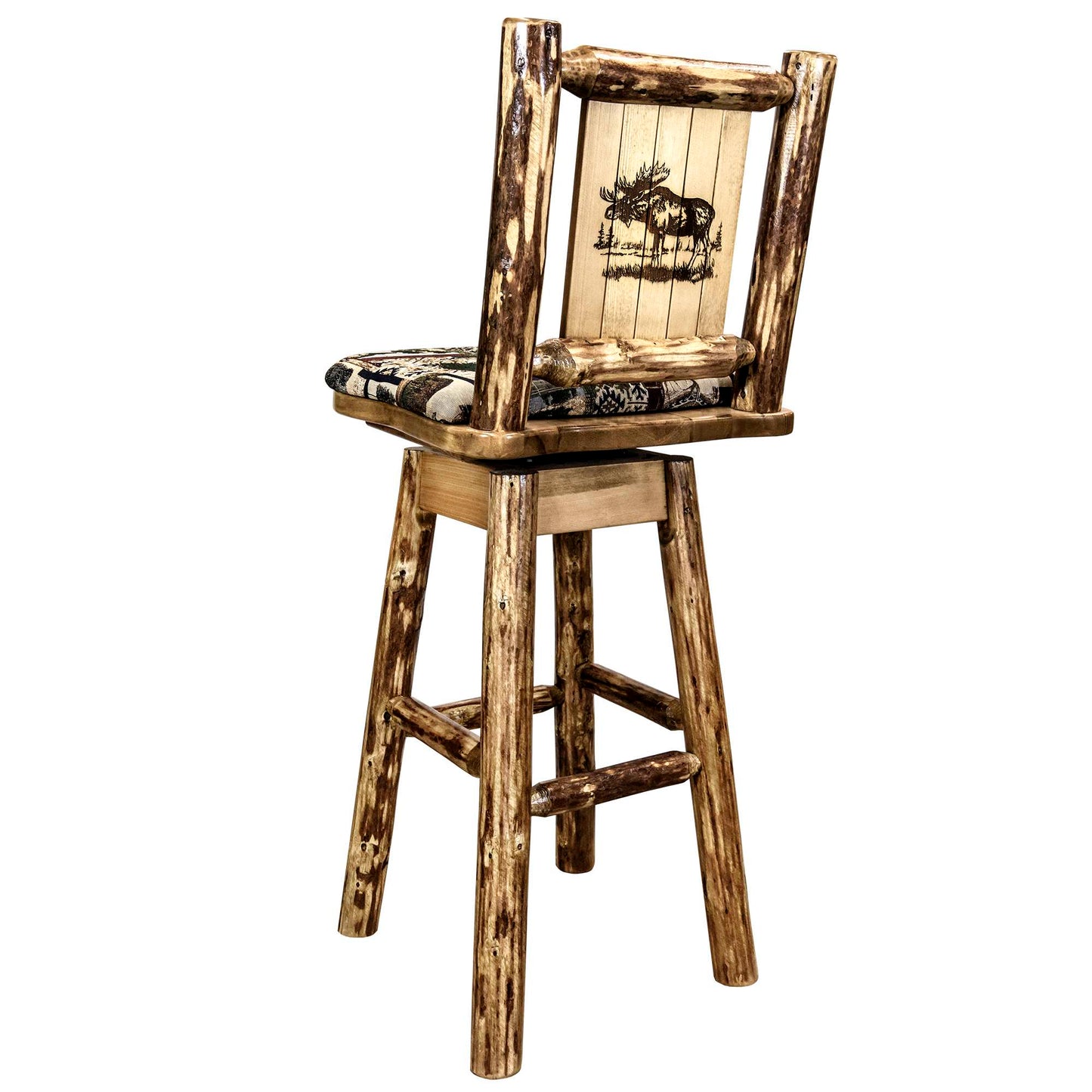 Montana Woodworks Glacier Country Collection Barstool w/ Back & Swivel, Woodland Pattern Upholstery w/ Laser Engraved Design