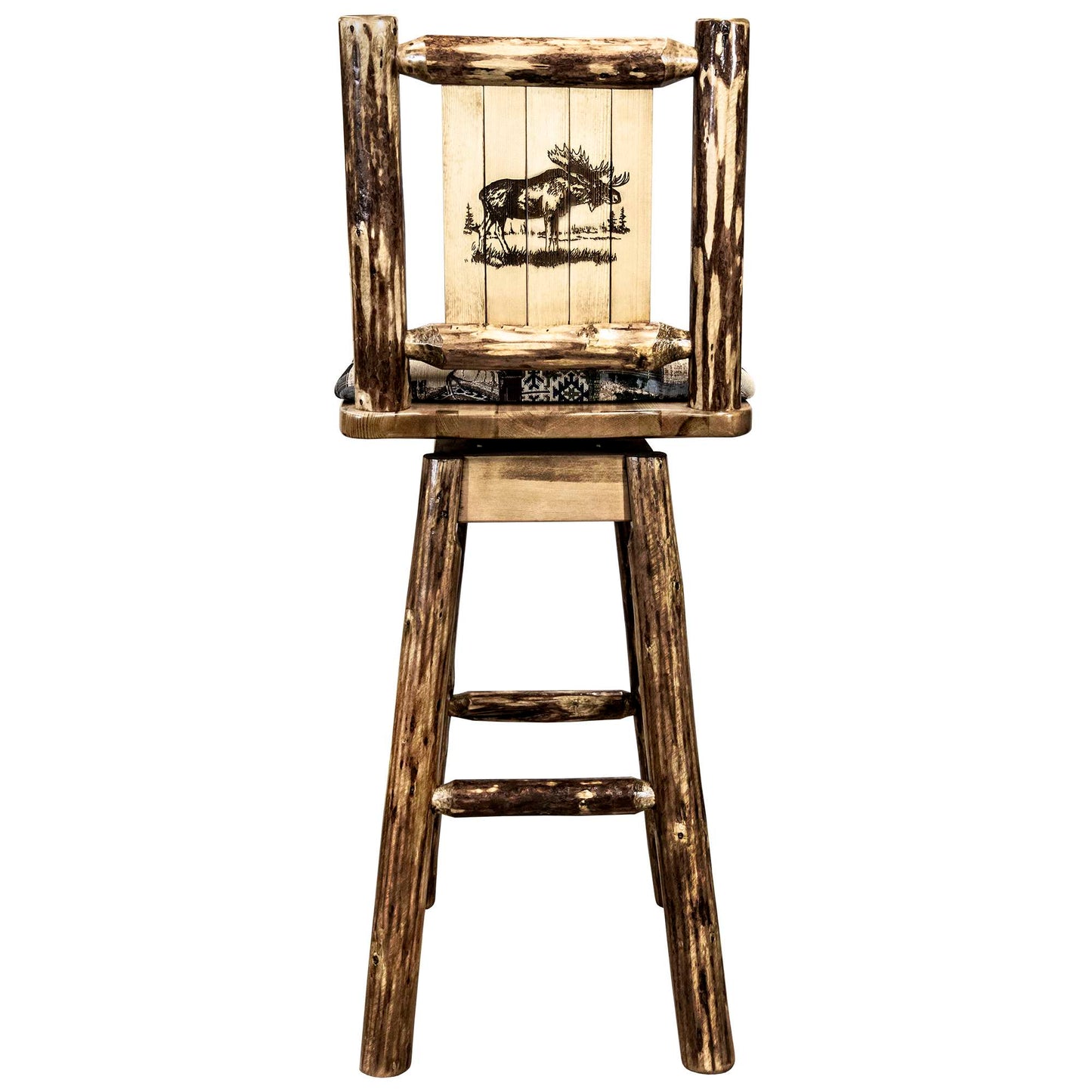 Montana Woodworks Glacier Country Collection Barstool w/ Back & Swivel, Woodland Pattern Upholstery w/ Laser Engraved Design