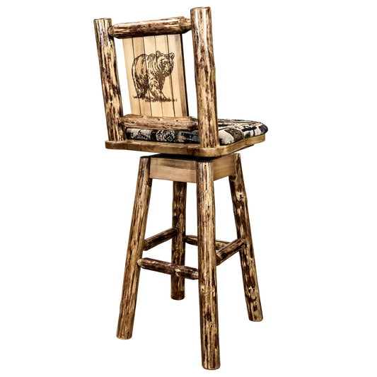 Montana Woodworks Glacier Country Collection Barstool w/ Back & Swivel, Woodland Pattern Upholstery w/ Laser Engraved Design