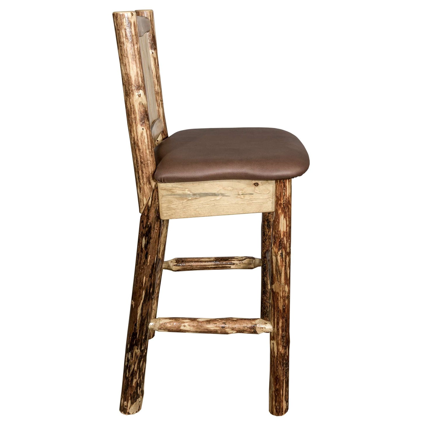 Montana Woodworks Glacier Country Collection Barstool w/ Back - Saddle Upholstery, w/ Laser Engraved Design