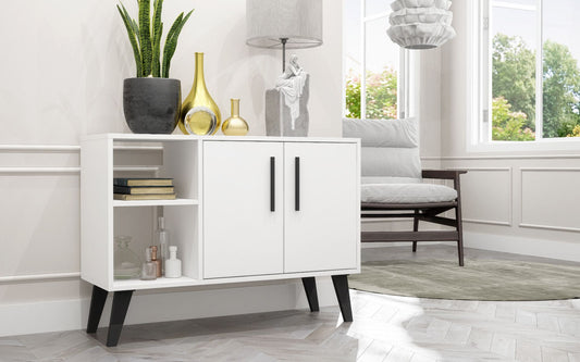 Manhattan Comfort Mid-Century- Modern Amsterdam 35.43" Sideboard with 4 Shelves in White 147AMC205 - GOLD STAR Dining