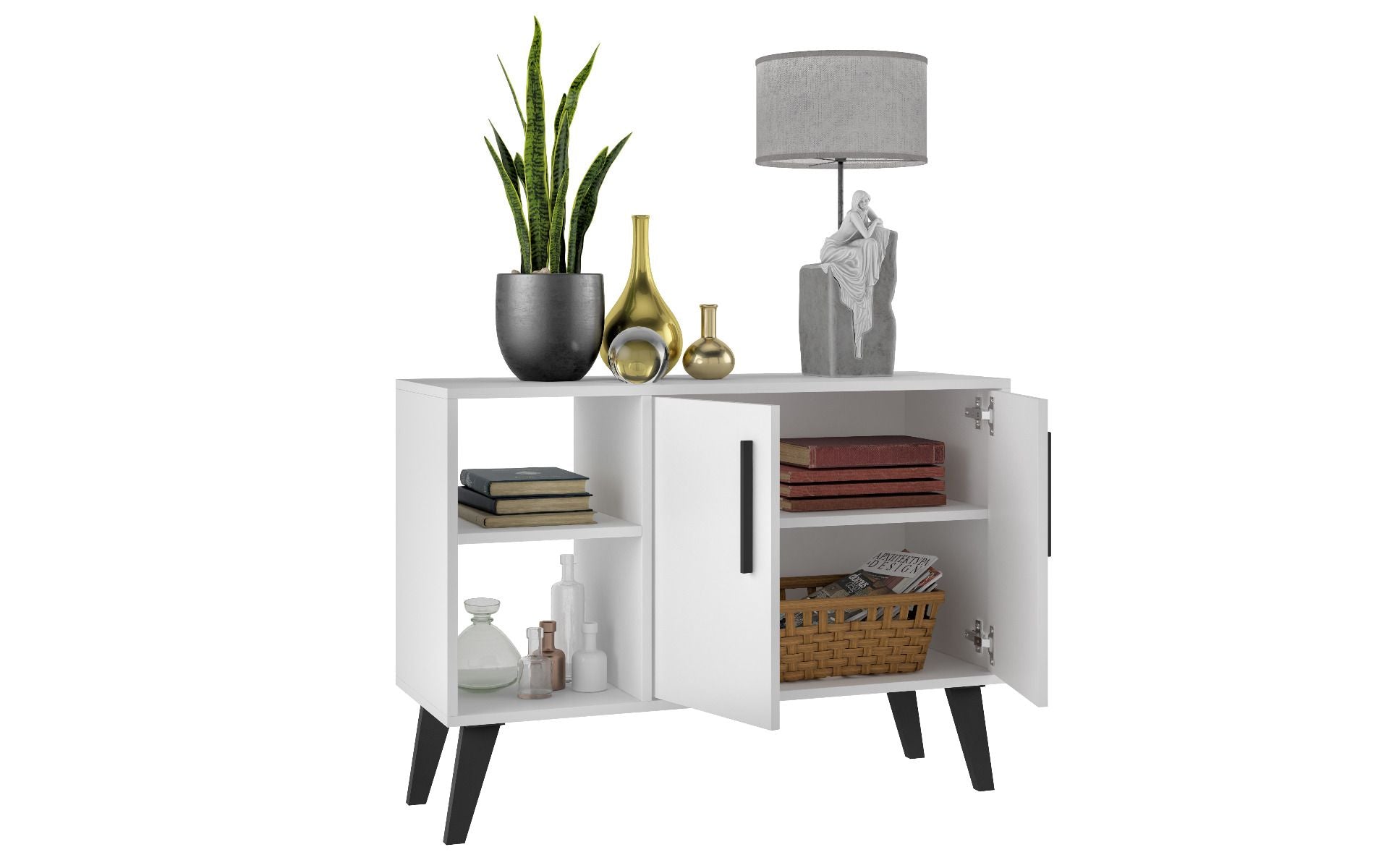 Manhattan Comfort Mid-Century- Modern Amsterdam 35.43" Sideboard with 4 Shelves in White 147AMC205 - GOLD STAR Dining