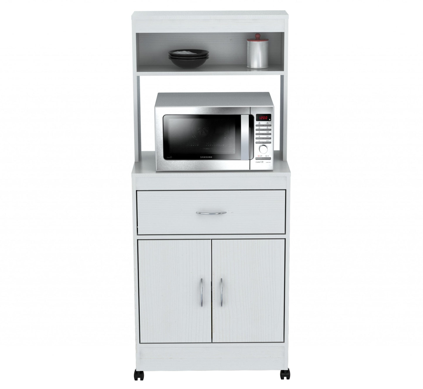 Homeroots White Finish Wood Microwave Cabinet With Two Doors And Drawer 249839 - GOLD STAR Dining