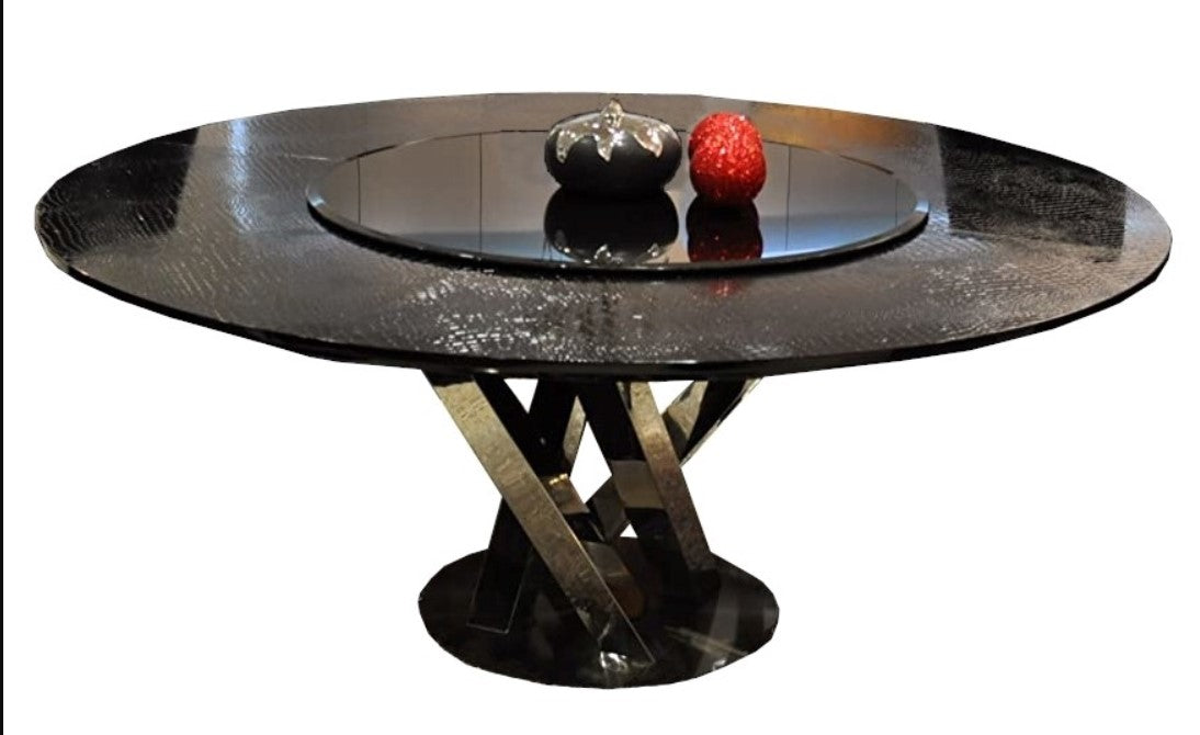 Homeroots 31" Black Crocodile Lacquer Stainless Steel And Glass Table 284113 - GOLD STAR Dining