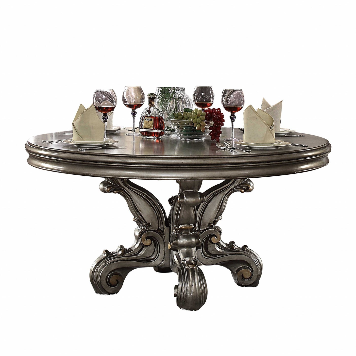 Homeroots 60" X 60" X 30" Antique Platinum Wood Poly Resin Dining Table (Round Pedestal) 347327 - GOLD STAR Dining