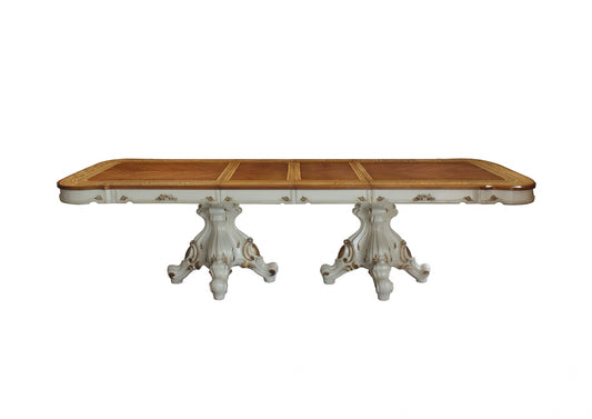 Homeroots 49" X 120" X 31" Antique Pearl Cherry Oak Wood Poly-Resin Dining Table Wdouble Pedestal 348650 - GOLD STAR Dining