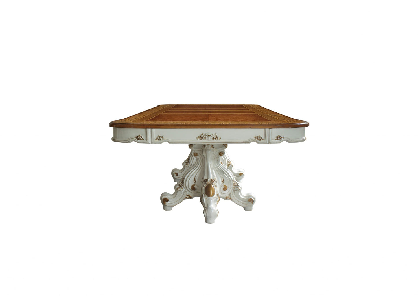 Homeroots 49" X 120" X 31" Antique Pearl Cherry Oak Wood Poly-Resin Dining Table Wdouble Pedestal 348650 - GOLD STAR Dining