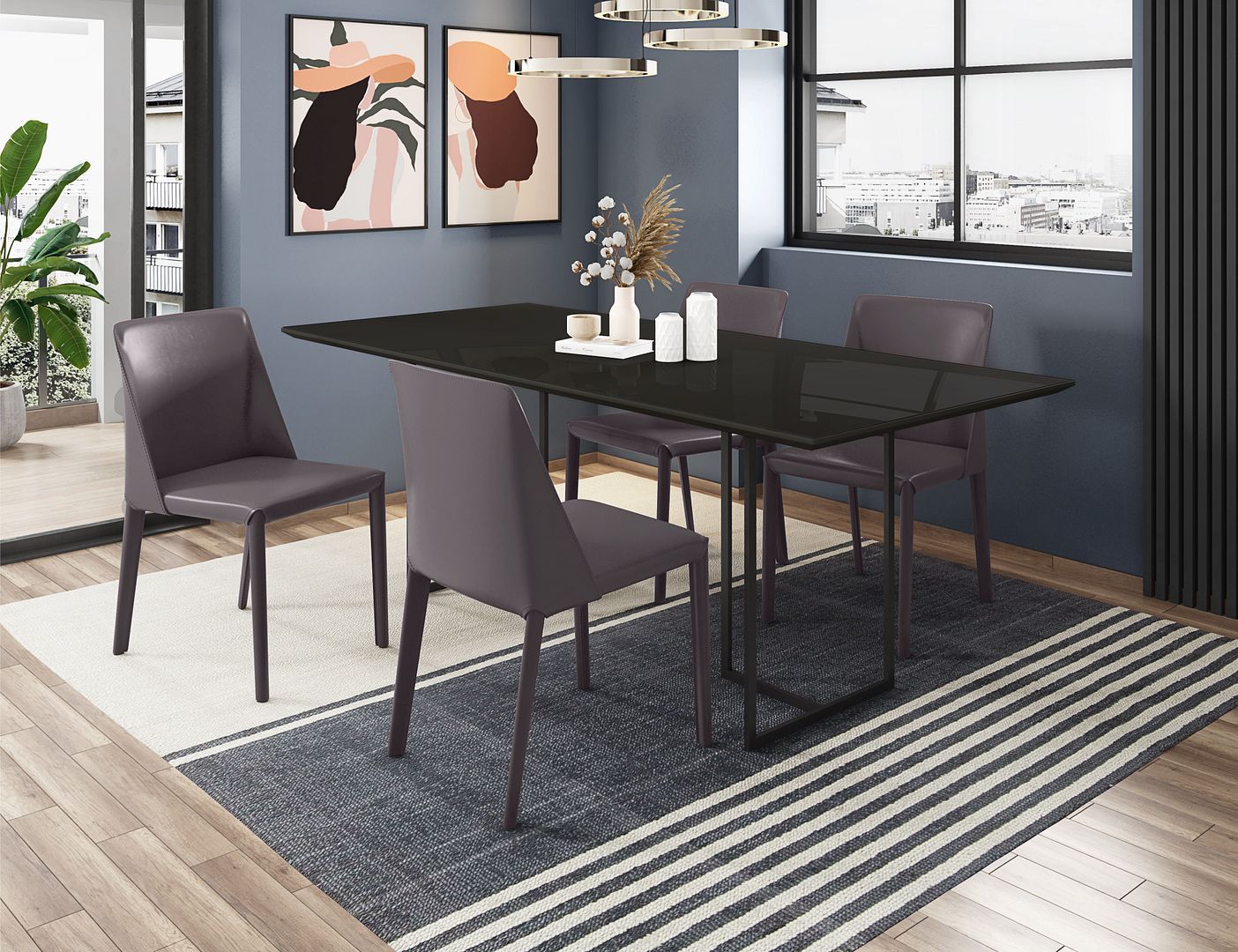 Manhattan Comfort Celine Dining Table with 4 Paris Faux Leather Chairs - GOLD STAR Dining