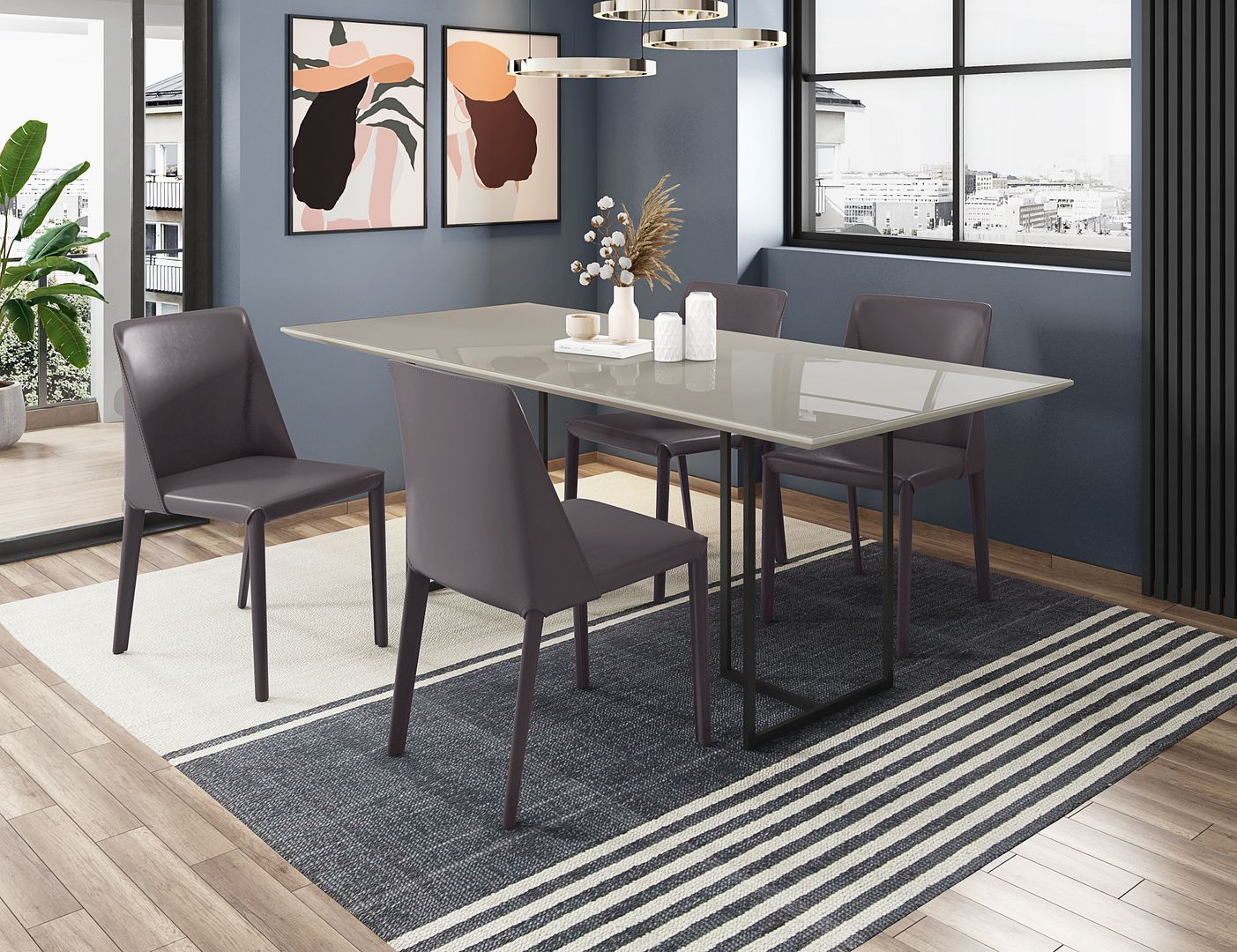 Manhattan Comfort Celine Dining Table with 4 Paris Faux Leather Chairs - GOLD STAR Dining