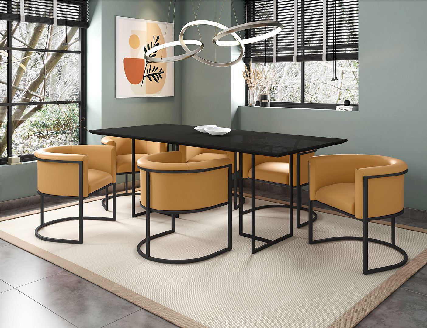 Manhattan Comfort Celine Dining Table with 6 Bali Faux Leather Chairs - GOLD STAR Dining