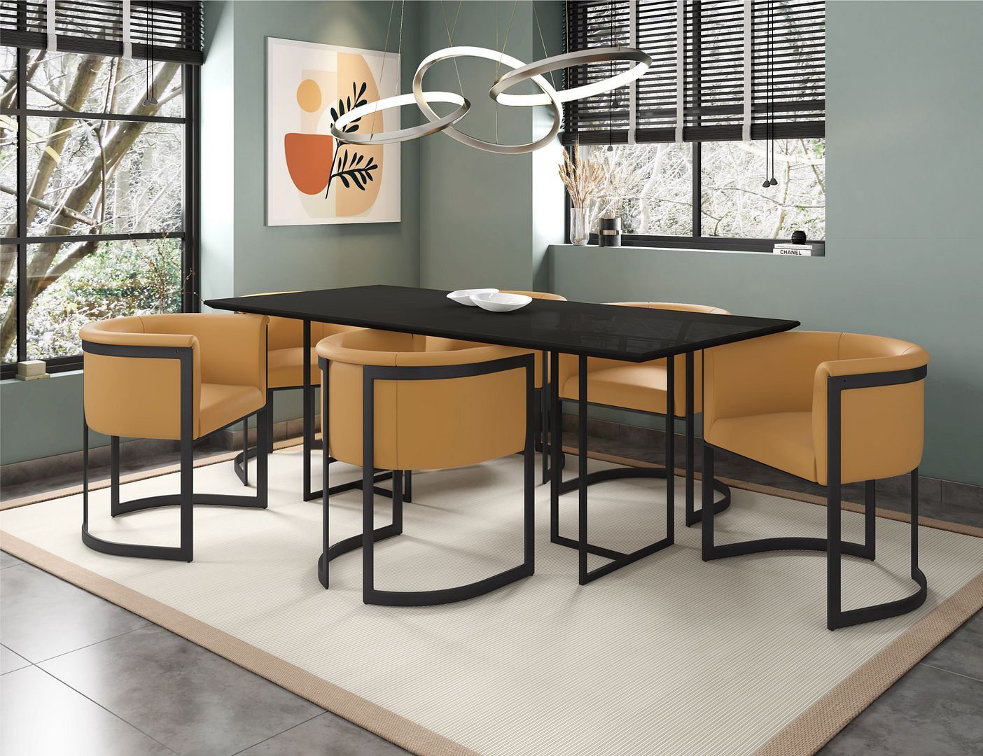 Manhattan Comfort Celine Dining Table with 6 Corso Faux Leather Chairs - GOLD STAR Dining