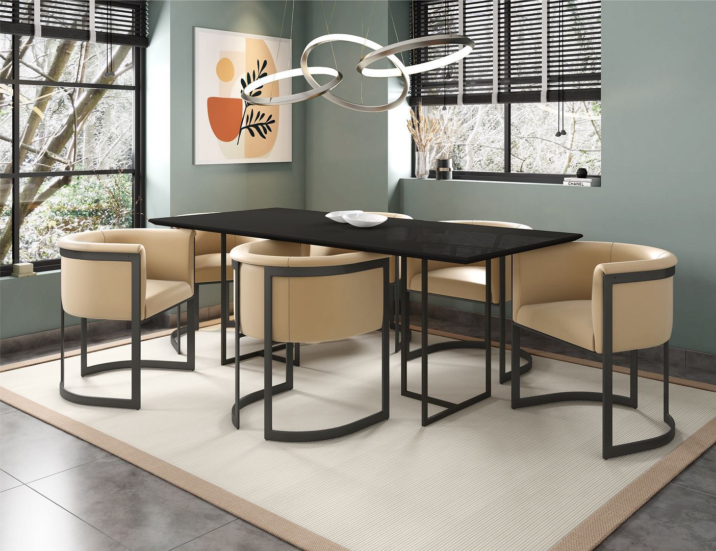 Manhattan Comfort Celine Dining Table with 6 Corso Faux Leather Chairs - GOLD STAR Dining