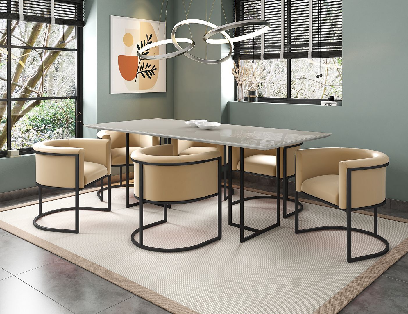 Manhattan Comfort Celine Dining Table with 6 Bali Faux Leather Chairs - GOLD STAR Dining