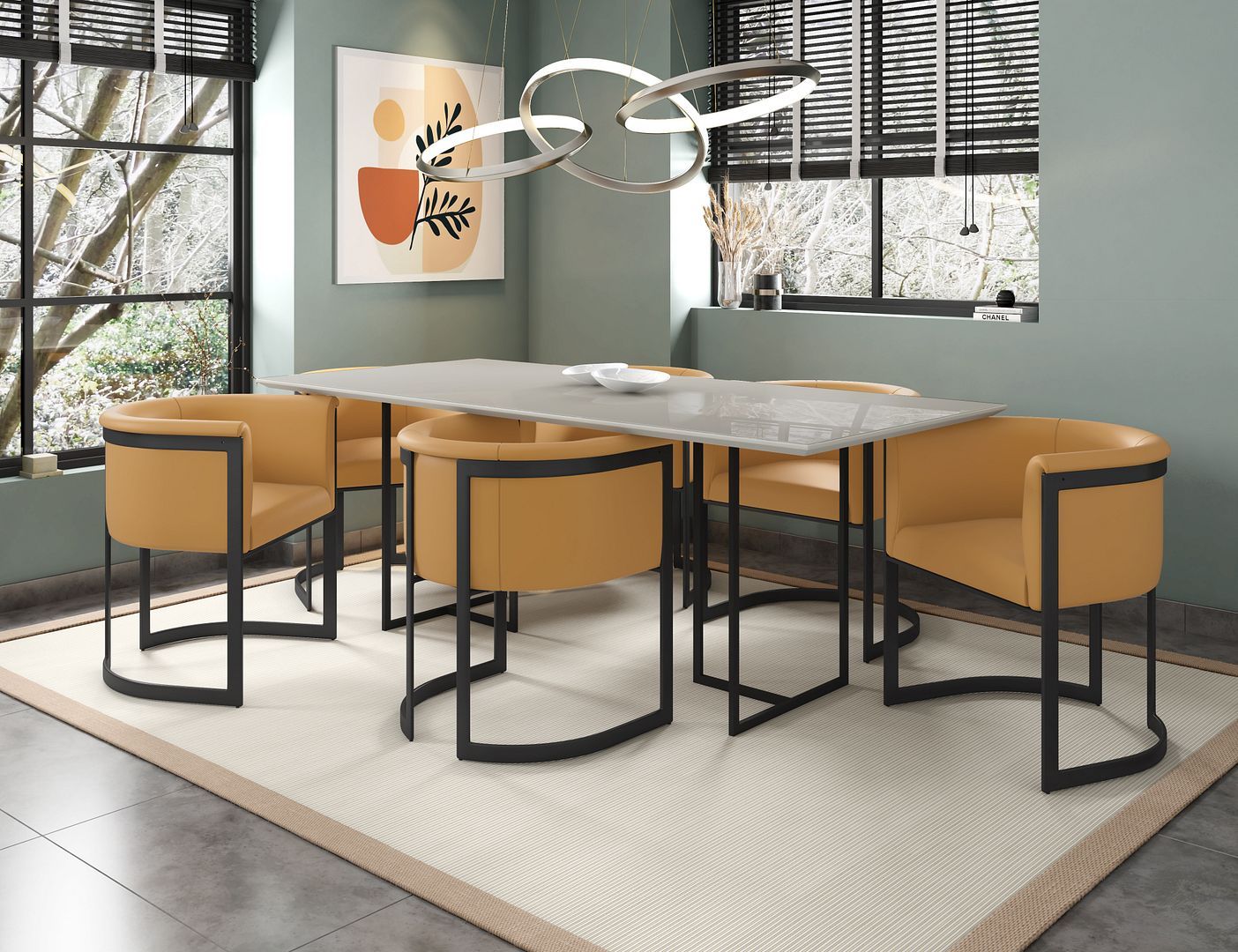 Manhattan Comfort Celine Dining Table with 6 Corso Faux Leather Chairs - GOLD STAR Dining