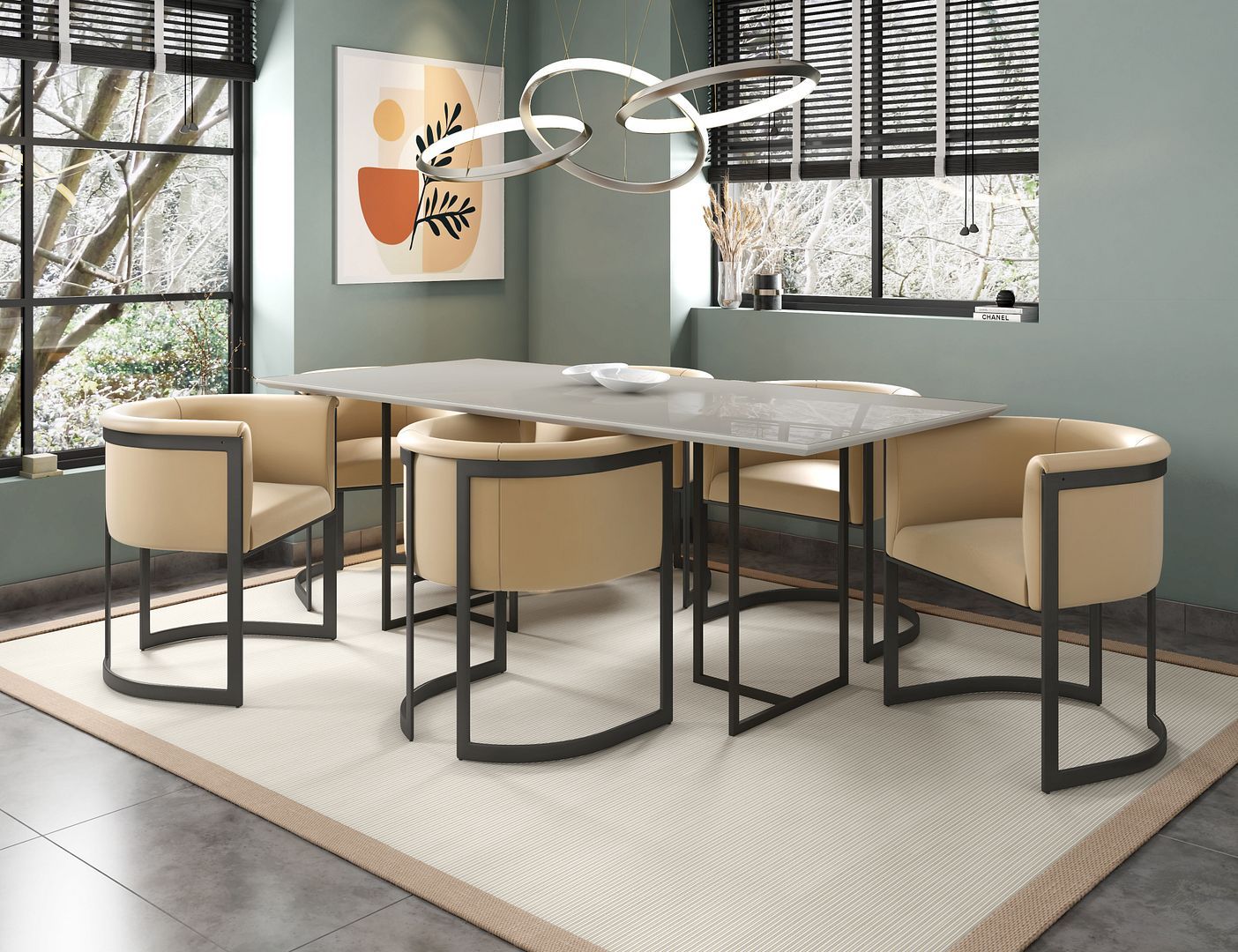 Manhattan Comfort Celine Dining Table with 6 Corso Faux Leather Chairs - GOLD STAR Dining