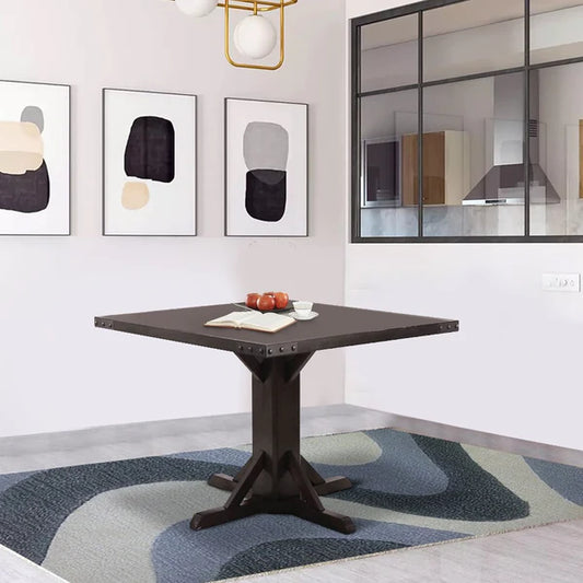 Benzara Square Wooden Dining Table with Pedestal Base and Metal Accents, Brown BM206235 - GOLD STAR Dining